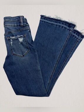 Flying Monkey High Rise Boot Jeans | Size 24 | Blue Denim Raw Hem Stretch Flare